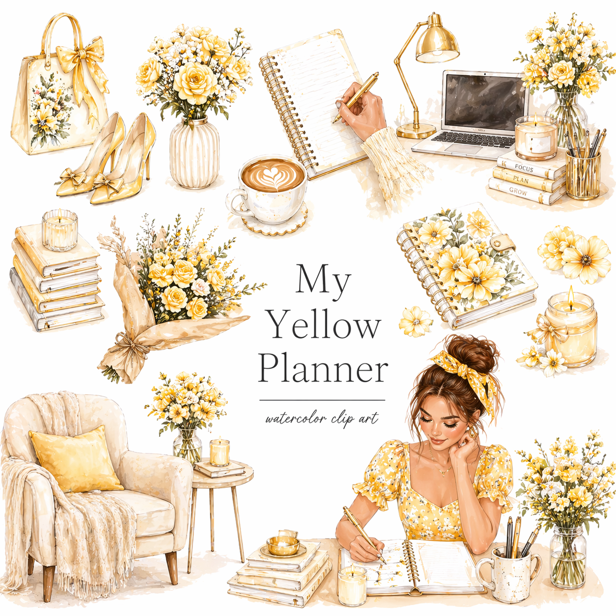 Yellow Planner Watercolor Clipart Set – Floral Notebook, Cozy Desk, Coffee & Lifestyle PNG Bundle -DELINO