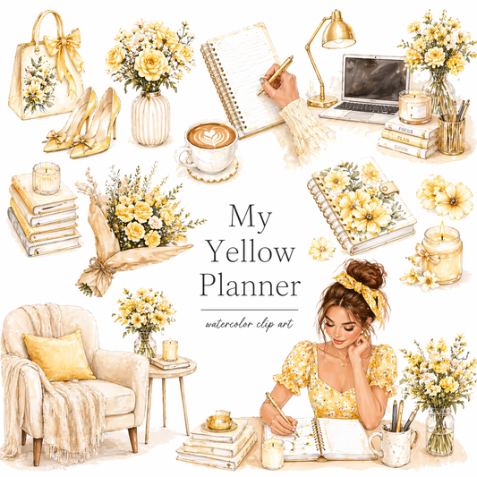 Yellow Planner Watercolor Clipart Set – Floral Notebook, Cozy Desk, Coffee & Lifestyle PNG Bundle -DELINO