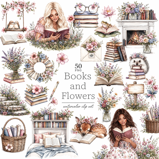 Books and Flowers Watercolor Clipart Set – Vintage Reading, Floral Library, Cozy Cottage PNG Bundle – DELINO