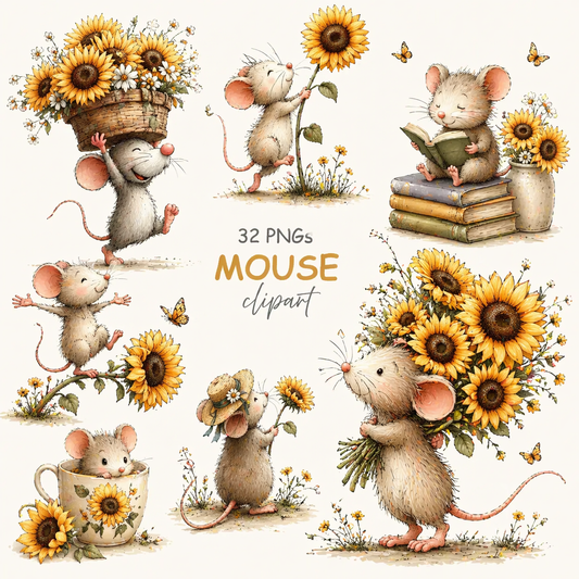 Mouse Watercolor Clipart Set – Cute Sunflower , Baby Mouse, Floral Nursery PNG Bundle 32 PNGs – DELINO