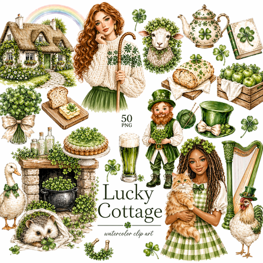 Lucky Cottage Watercolor Clipart Set – St. Patrick’s Day, Shamrock, Irish Farm, Green Aesthetic PNG Bundle (50 PNGs) – DELINO