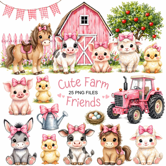 Cute Farm Animals Watercolor Clipart Set – Baby Cow, Pig, Chick, Horse, Sheep PNG Bundle, Pink Farm Nursery Graphics (25 PNGs) – DELINO